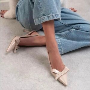 ZARA BOW SLINGBACK HEELS 39/8 PATENT STYLE NEUTRAL 3" CAREER WEDDING PARTY *READ